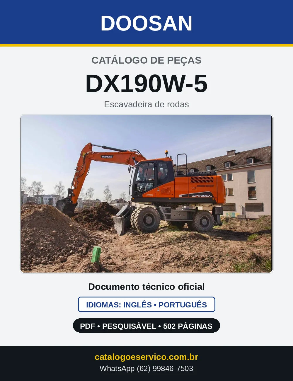 Capa do Catálogo de Peças Doosan DX190W-5 em PDF, inglês e português