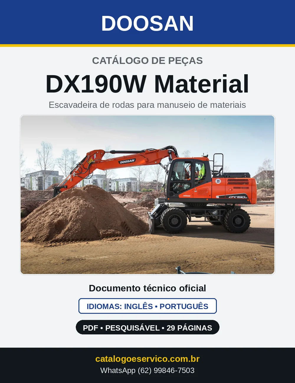Capa do Catálogo de Peças Doosan DX190W Material em PDF, inglês e português