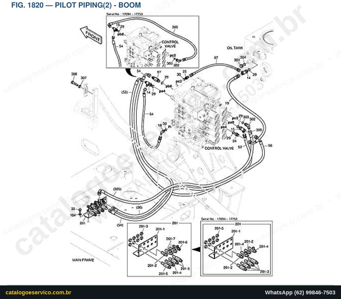 Vista explodida Pilot Piping(2) - Boom - Catálogo de Peças Doosan DX220A