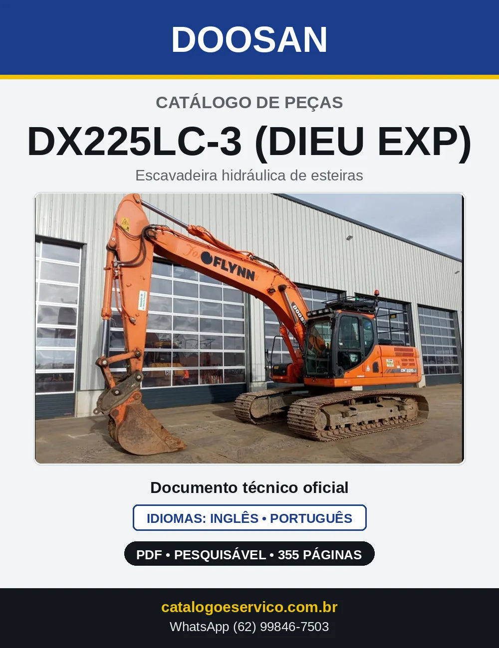 Capa do Catálogo de Peças Doosan DX225LC-3 (DIEU EXP) em PDF, inglês e português