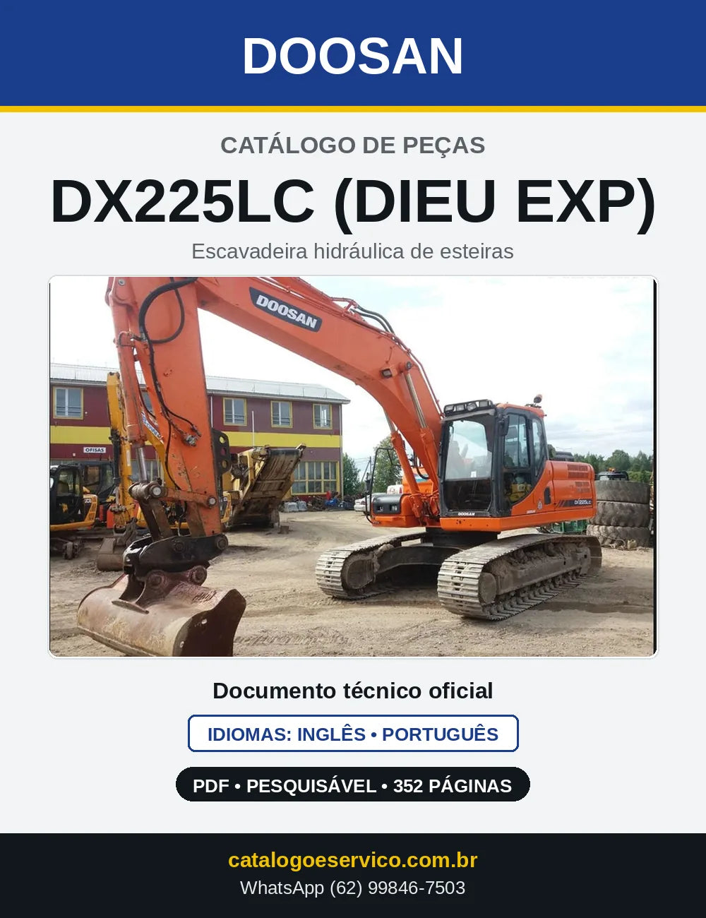 Capa do Catálogo de Peças Doosan DX225LC (DIEU EXP) em PDF, inglês e português