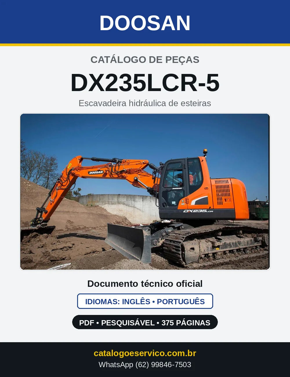 Capa do Catálogo de Peças Doosan DX235LCR-5 em PDF, inglês e português