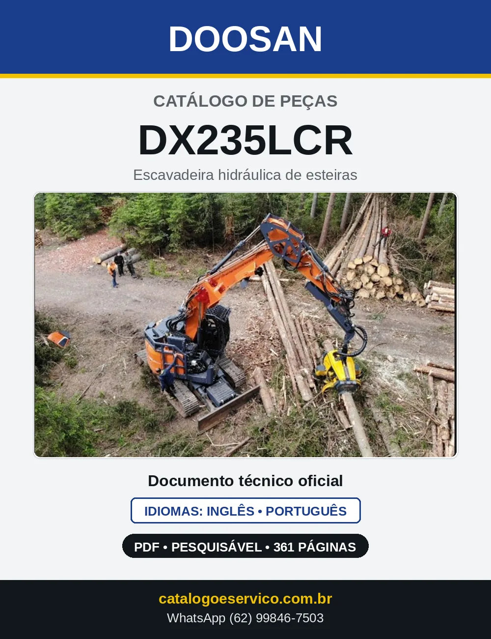 Capa do Catálogo de Peças Doosan DX235LCR em PDF, inglês e português