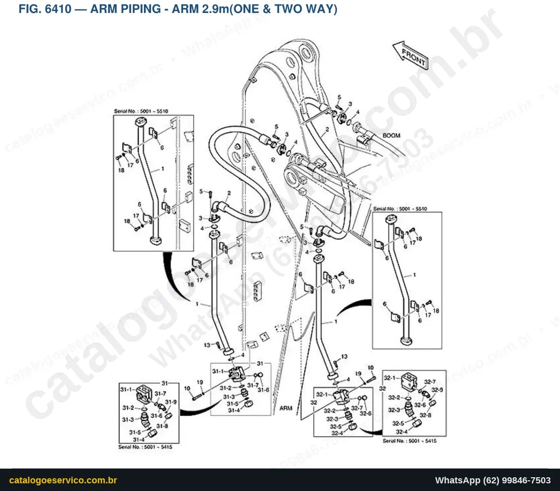 Vista explodida Arm Piping - Arm 2.9M(One & Two Way) - Catálogo de Peças Doosan DX235LCR