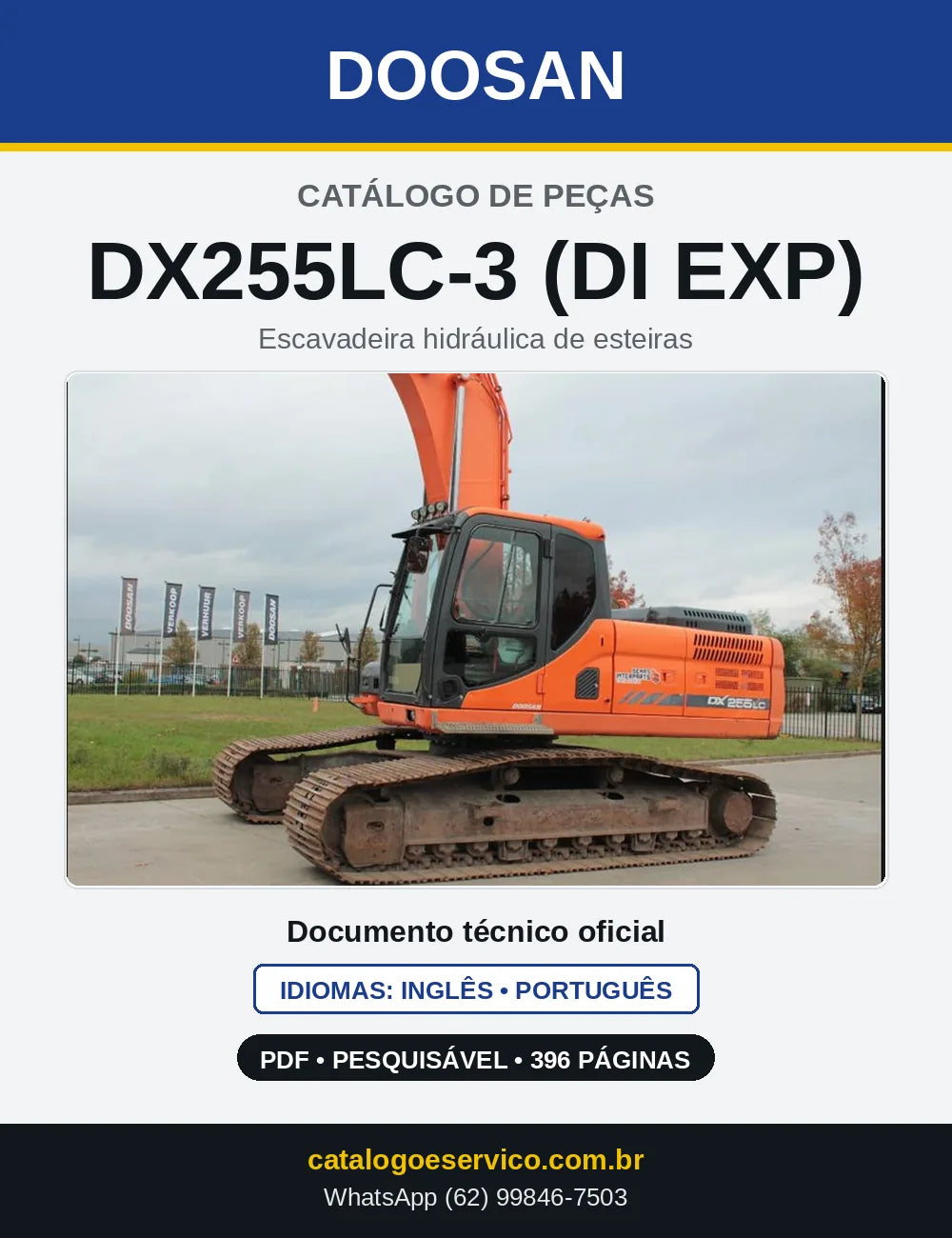 Capa do Catálogo de Peças Doosan DX255LC-3 (DI EXP) em PDF, inglês e português