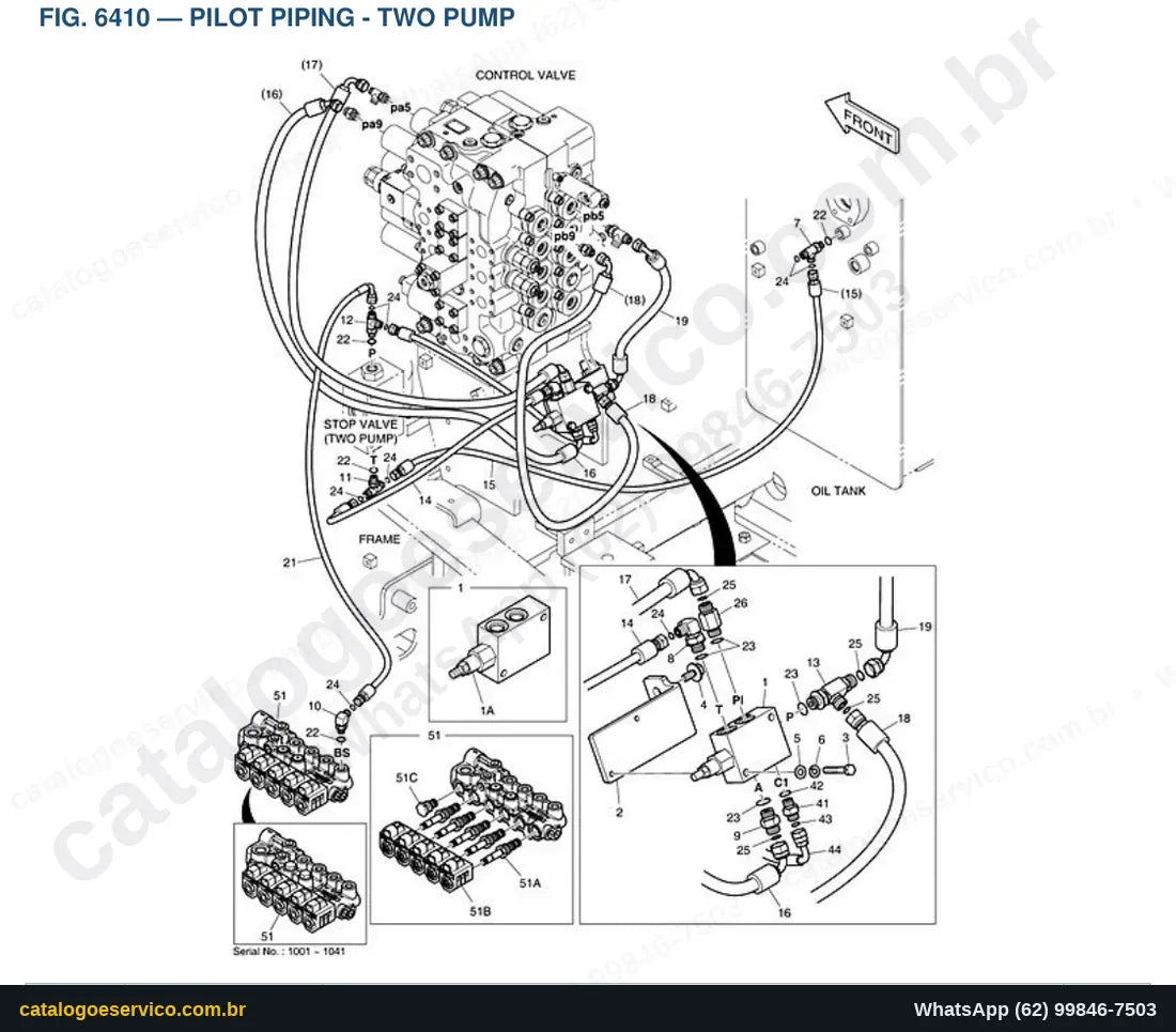 Vista explodida Pilot Piping - Two Pump - Catálogo de Peças Doosan DX255LC-3 (DI EXP)