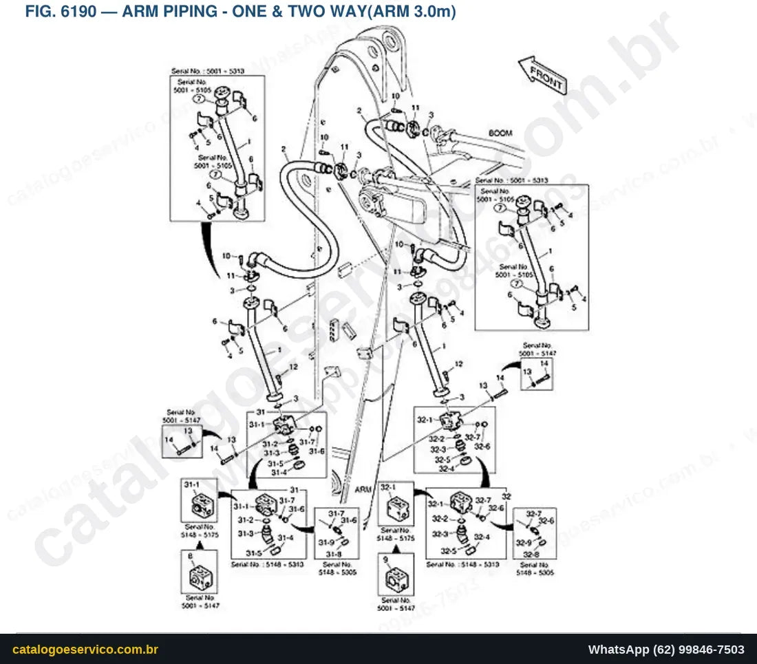 Vista explodida Arm Piping - One & Two Way(Arm 3.0M) - Catálogo de Peças Doosan DX255LC (DI EXP)