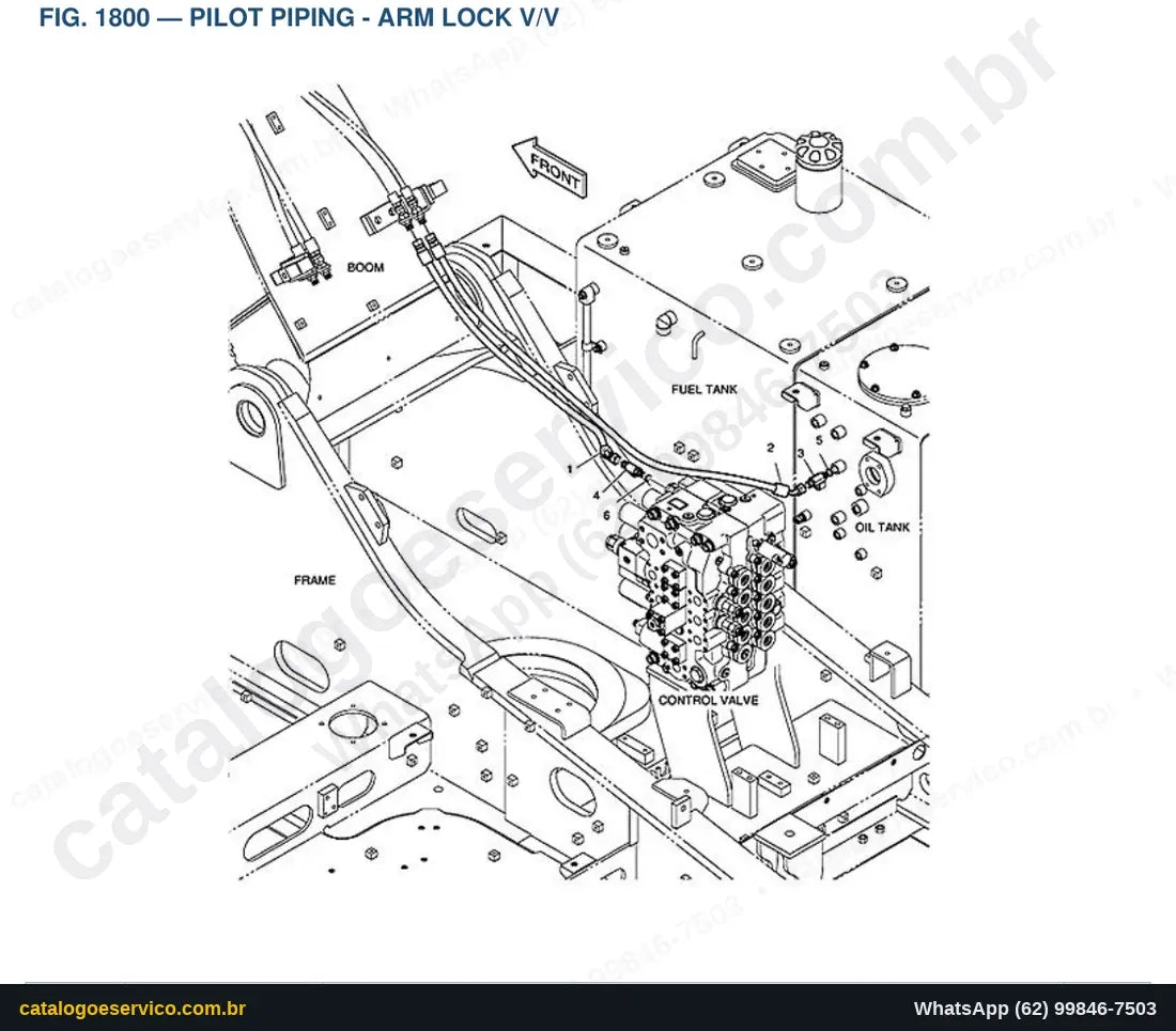 Vista explodida Pilot Piping - Arm Lock V/V - Catálogo de Peças Doosan DX255LC (DIEU EXP)