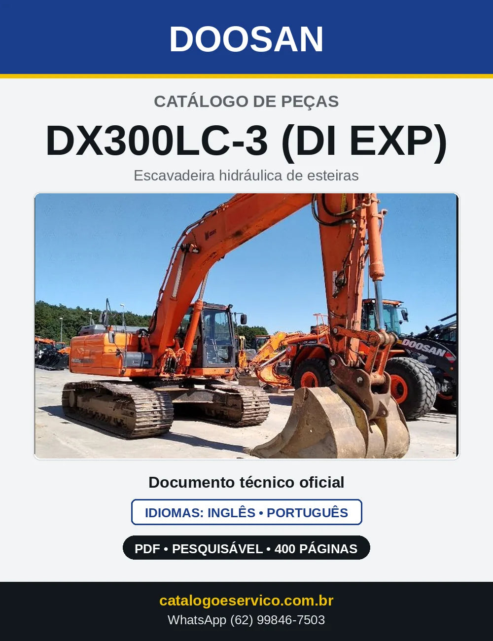 Capa do Catálogo de Peças Doosan DX300LC-3 (DI EXP) em PDF, inglês e português