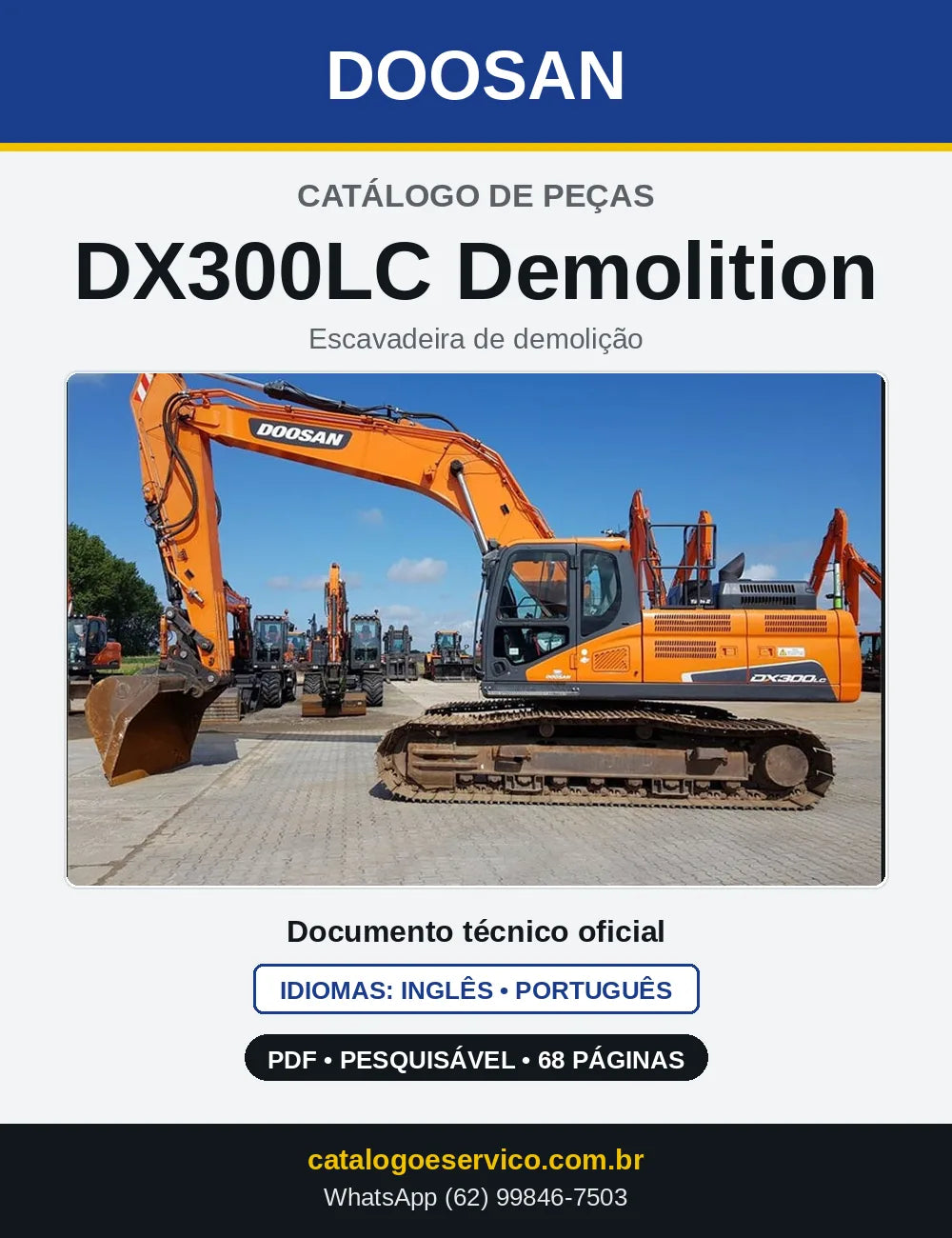 Capa do Catálogo de Peças Doosan DX300LC Demolition em PDF, inglês e português
