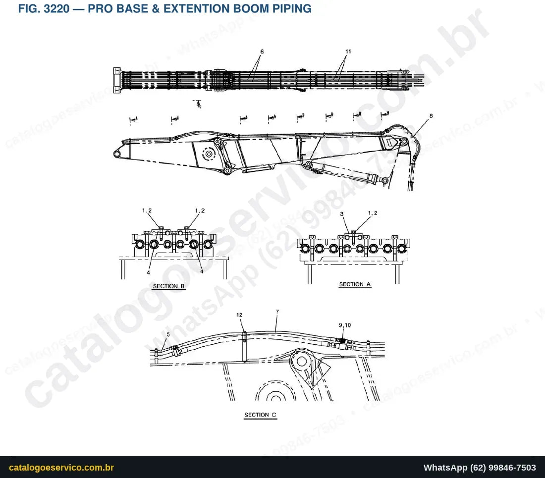 Vista explodida Pro Base & Extention Boom Piping - Catálogo de Peças Doosan DX300LC Demolition