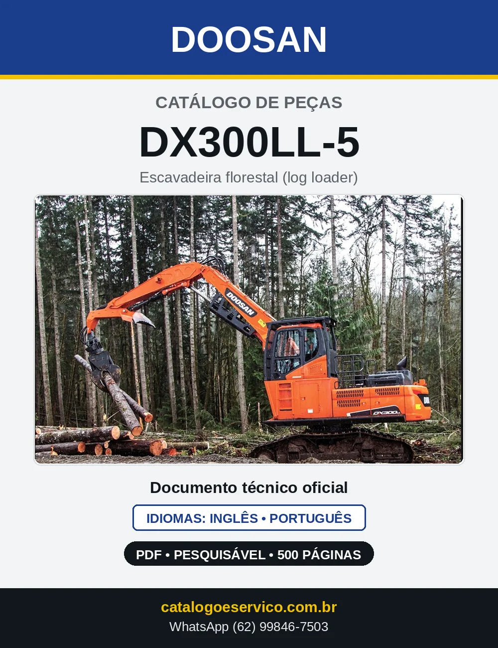 Capa do Catálogo de Peças Doosan DX300LL-5 em PDF, inglês e português