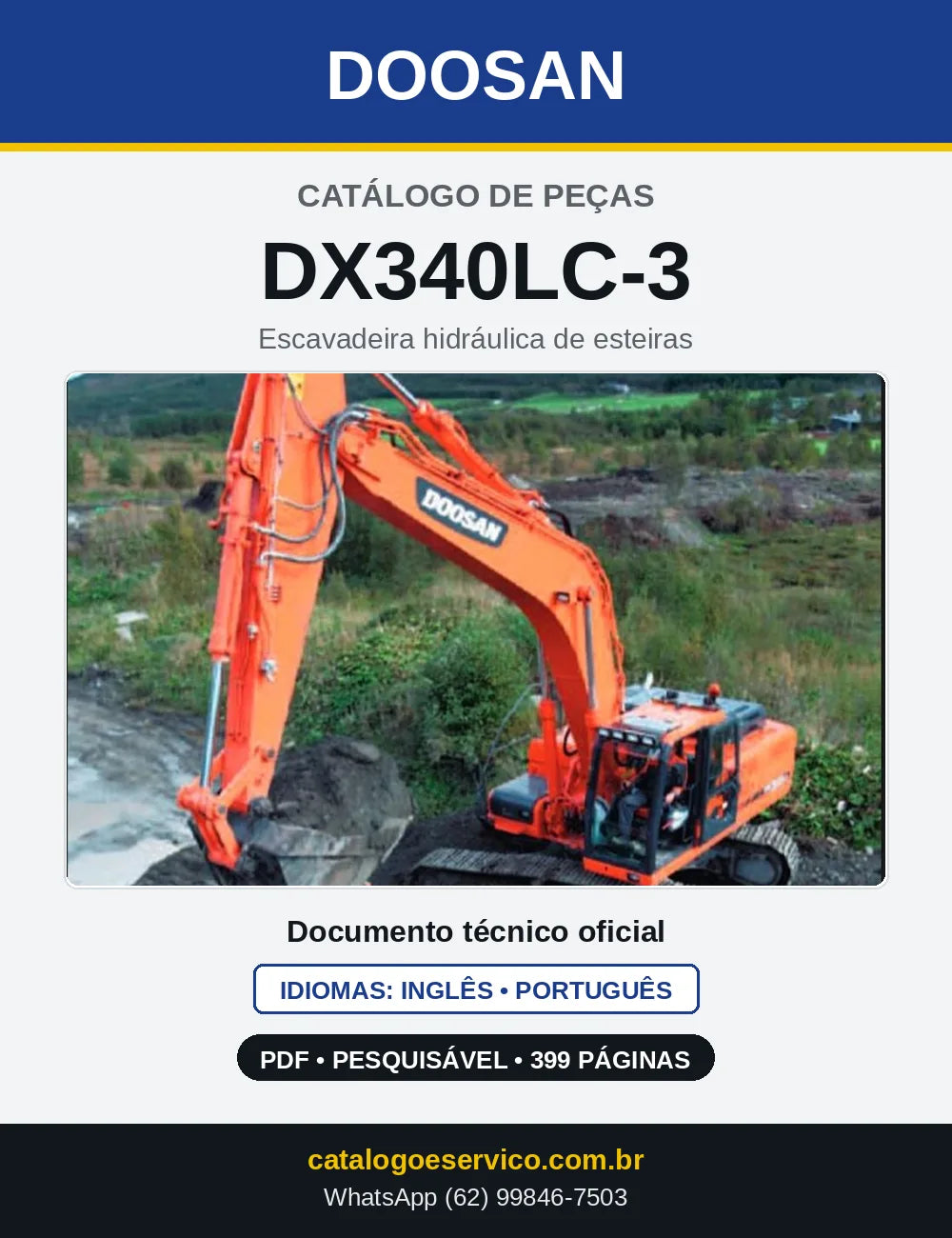 Capa do Catálogo de Peças Doosan DX340LC-3 em PDF, inglês e português