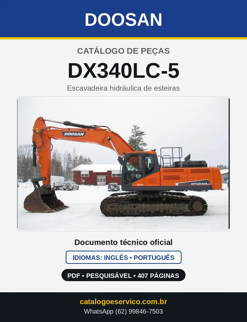 Capa do Catálogo de Peças Doosan DX340LC-5 em PDF, inglês e português