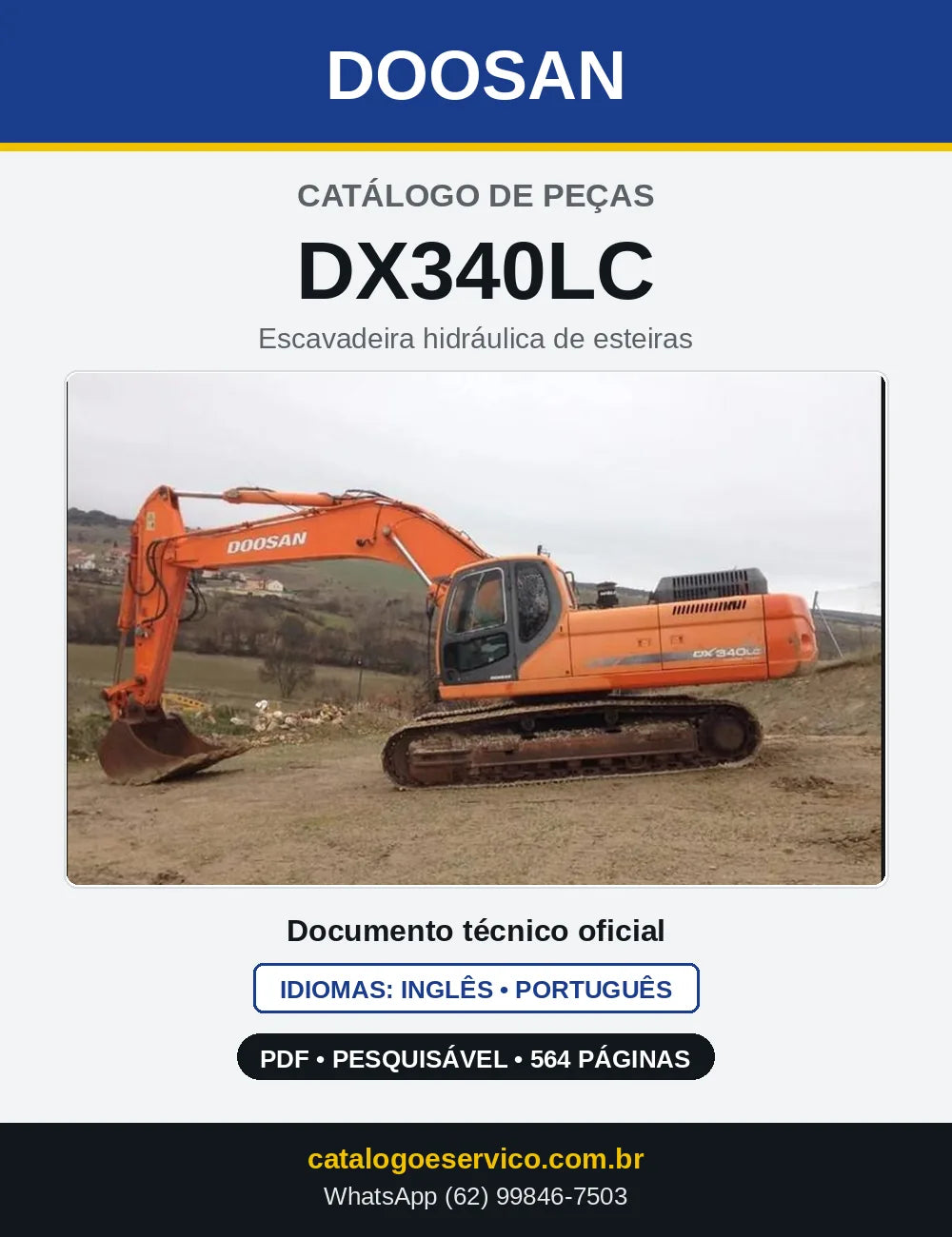 Capa do Catálogo de Peças Doosan DX340LC em PDF, inglês e português