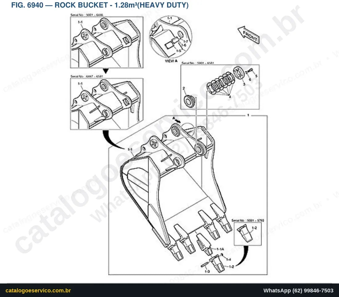 Vista explodida Rock Bucket - 1.28M³(Heavy Duty) - Catálogo de Peças Doosan DX340LC