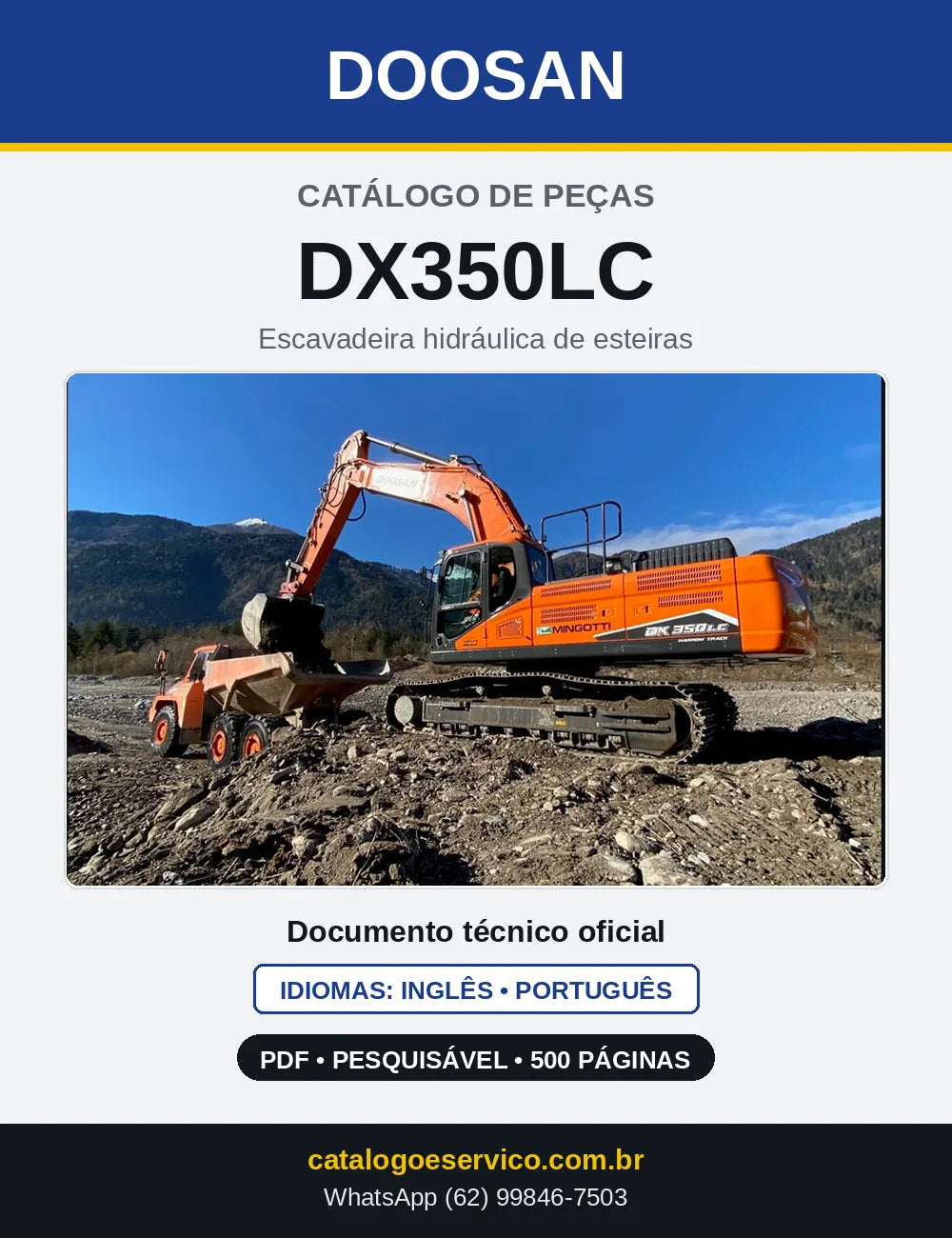 Capa do Catálogo de Peças Doosan DX350LC em PDF, inglês e português