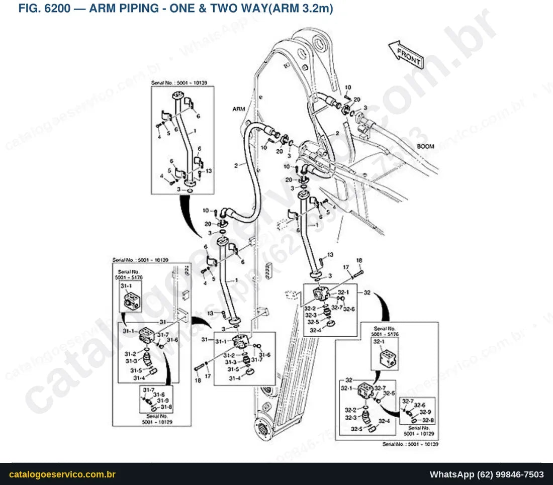 Vista explodida Arm Piping - One & Two Way(Arm 3.2M) - Catálogo de Peças Doosan DX380LC