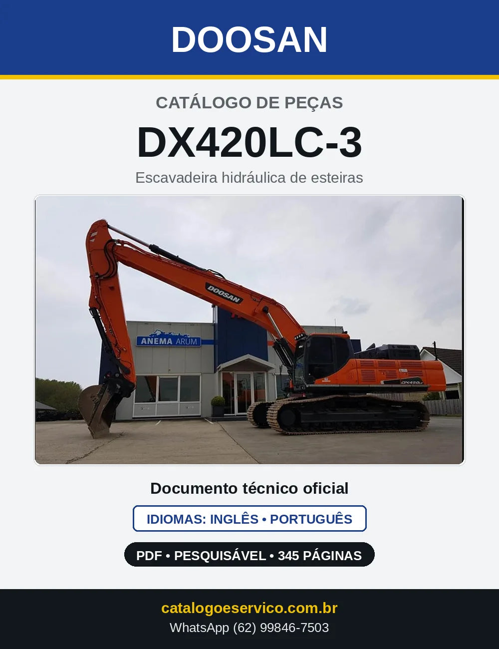Capa do Catálogo de Peças Doosan DX420LC-3 em PDF, inglês e português