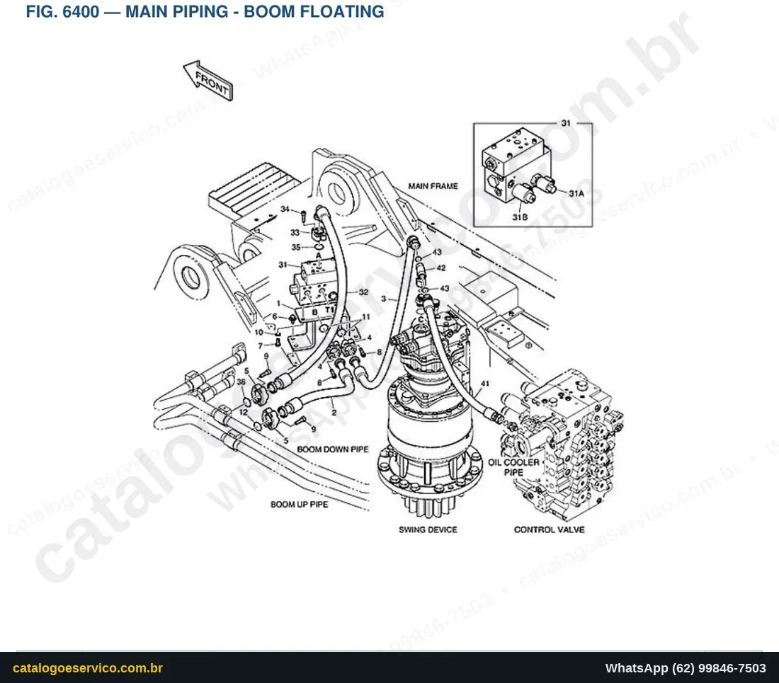 Vista explodida Main Piping - Boom Floating - Catálogo de Peças Doosan DX420LC-3