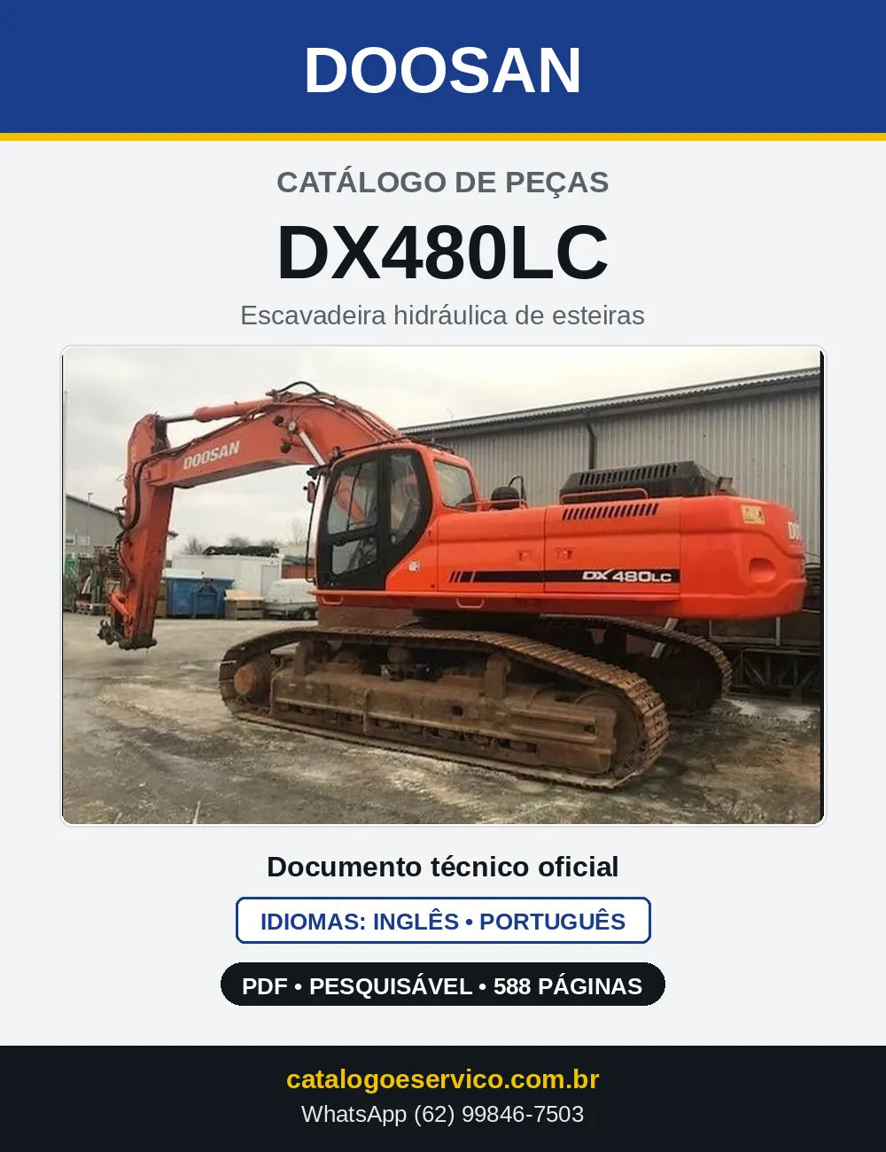 Capa do Catálogo de Peças Doosan DX480LC em PDF, inglês e português