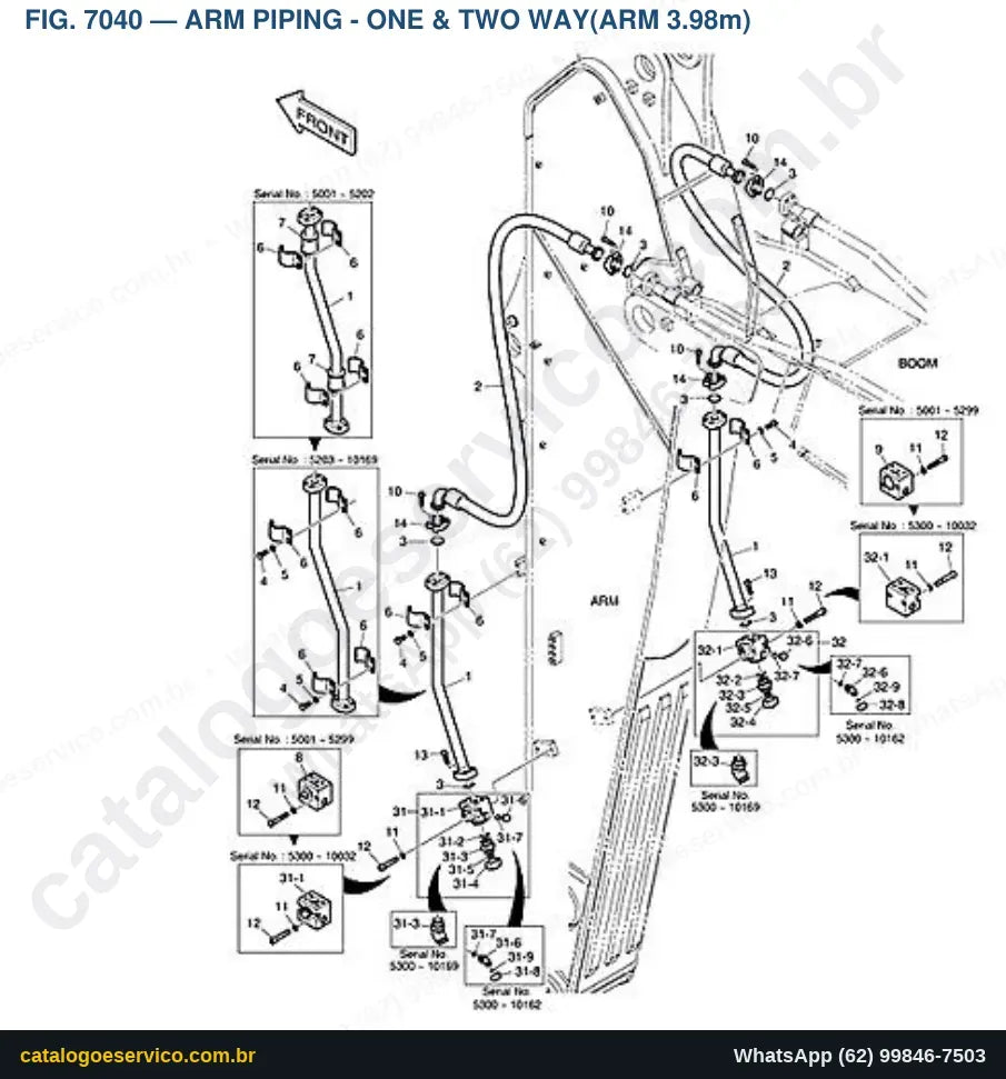 Vista explodida Arm Piping - One & Two Way(Arm 3.98M) - Catálogo de Peças Doosan DX480LC