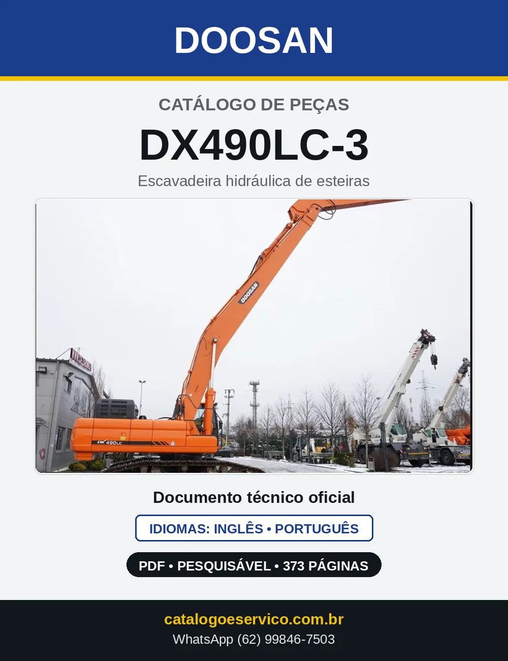 Capa do Catálogo de Peças Doosan DX490LC-3 em PDF, inglês e português