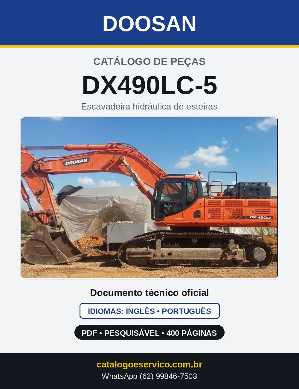 Capa do Catálogo de Peças Doosan DX490LC-5 em PDF, inglês e português