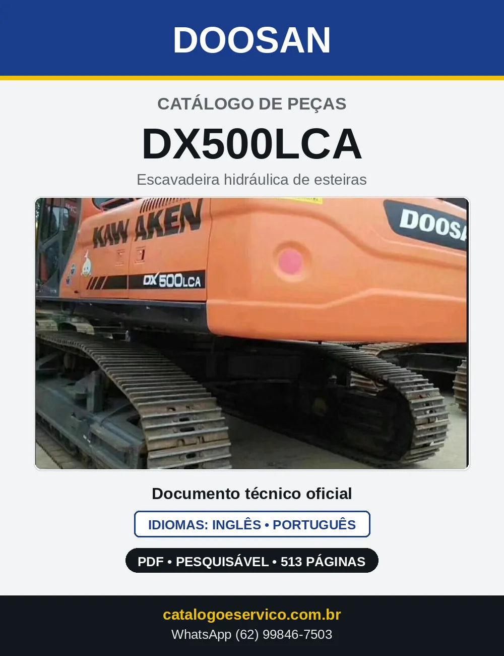 Capa do Catálogo de Peças Doosan DX500LCA em PDF, inglês e português