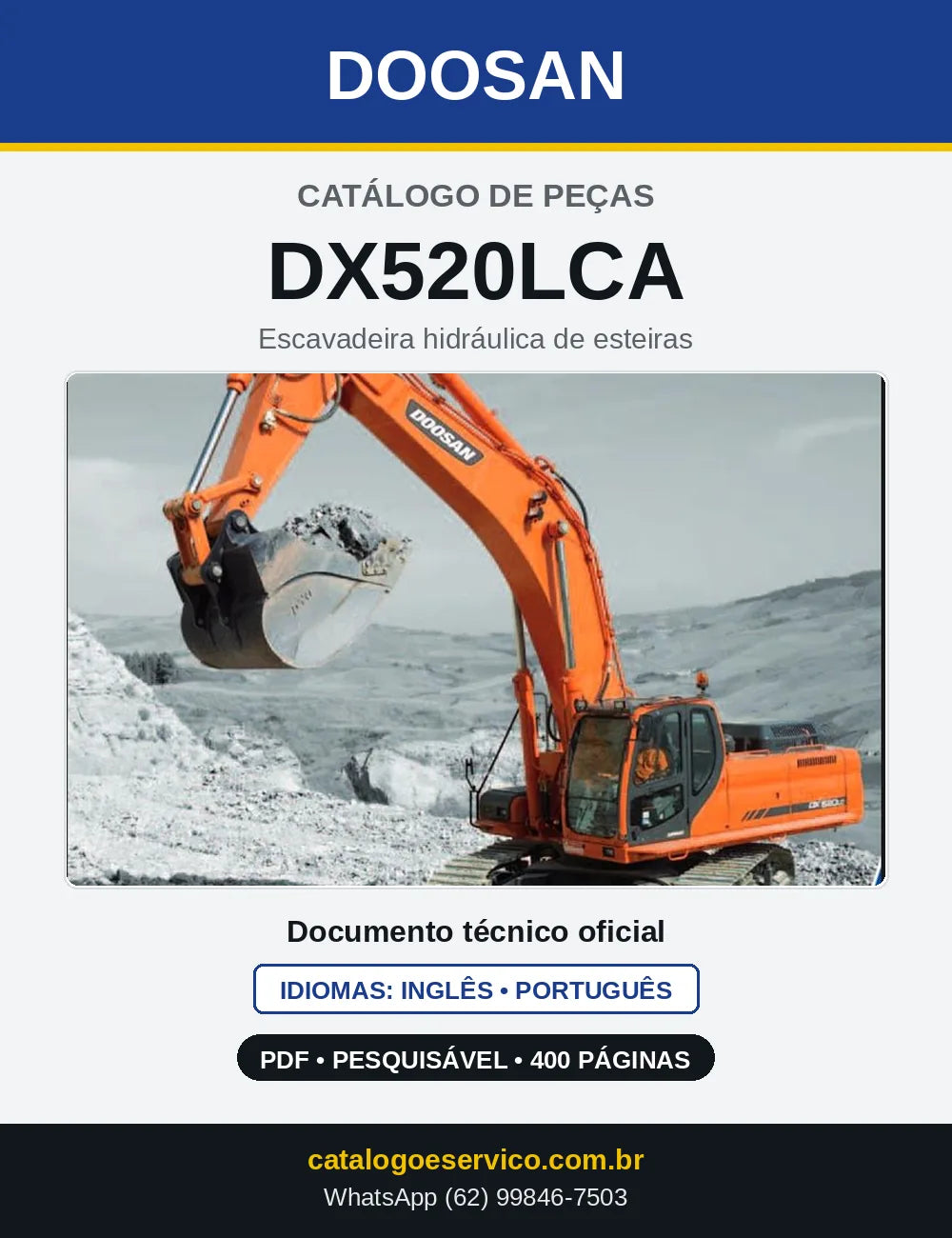 Capa do Catálogo de Peças Doosan DX520LCA em PDF, inglês e português