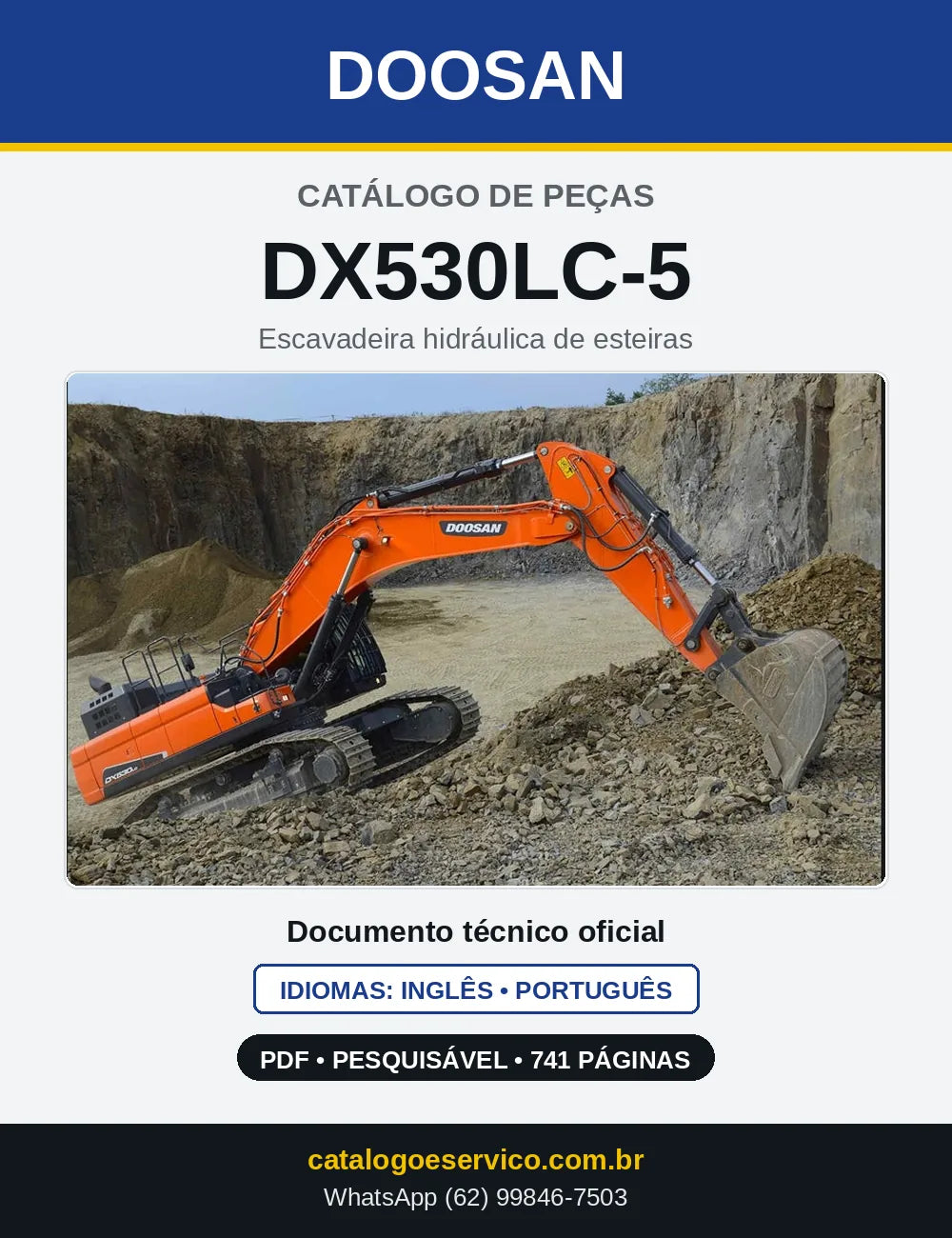 Capa do Catálogo de Peças Doosan DX530LC-5 em PDF, inglês e português