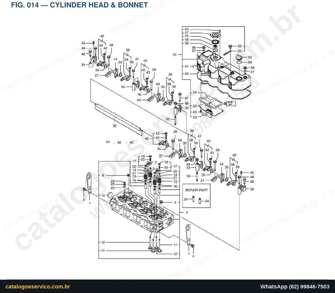 Vista explodida Cylinder Head & Bonnet - Catálogo de Peças Doosan DX55W