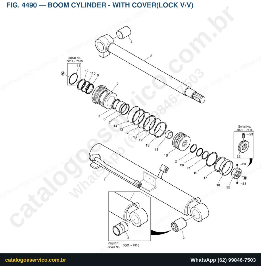 Vista explodida Boom Cylinder - With Cover(Lock V/V) - Catálogo de Peças Doosan DX55W