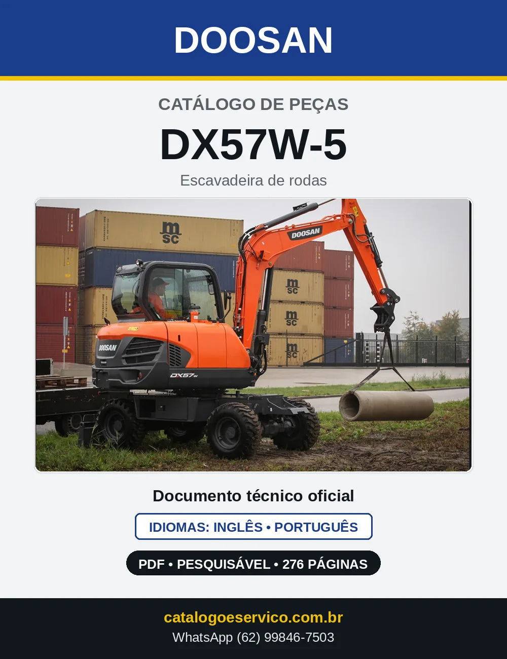 Capa do Catálogo de Peças Doosan DX57W-5 em PDF, inglês e português