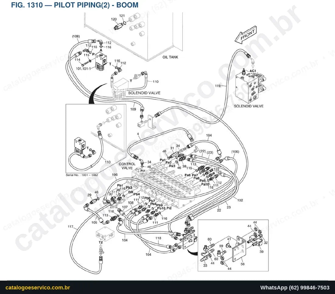 Vista explodida Pilot Piping(2) - Boom - Catálogo de Peças Doosan DX57W-5