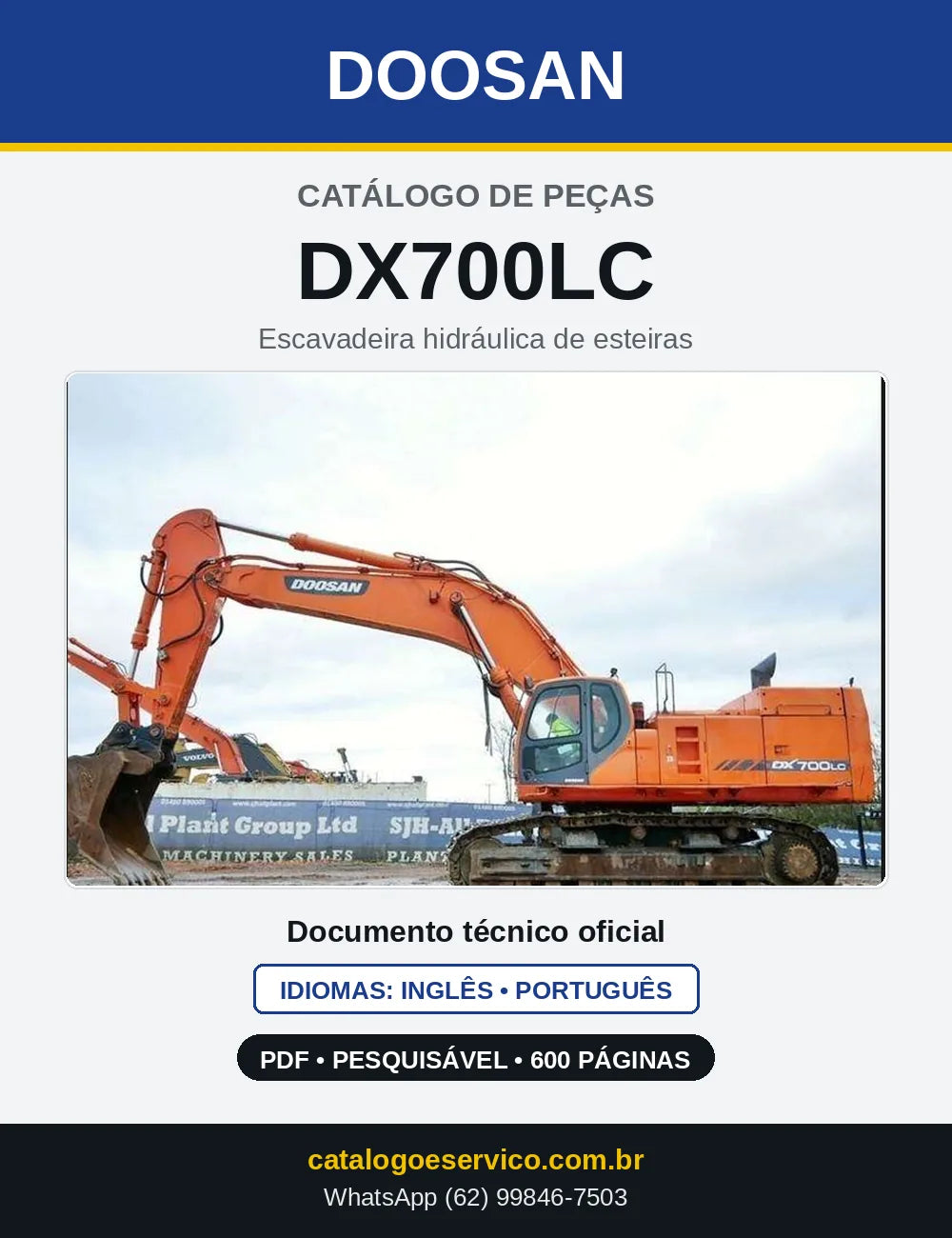 Capa do Catálogo de Peças Doosan DX700LC em PDF, inglês e português