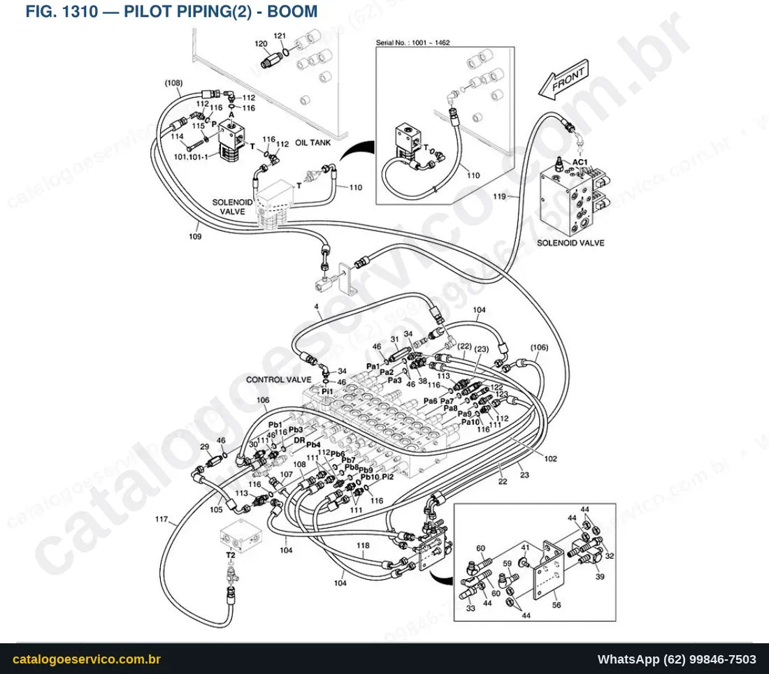 Vista explodida Pilot Piping(2) - Boom - Catálogo de Peças Doosan E57W