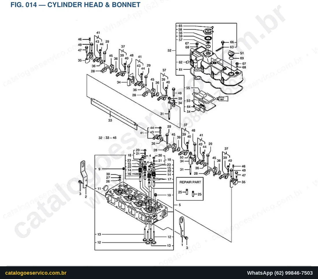 Vista explodida Cylinder Head & Bonnet - Catálogo de Peças Doosan E80