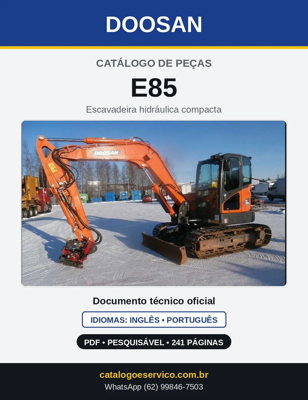 Capa do Catálogo de Peças Doosan E85 em PDF, inglês e português