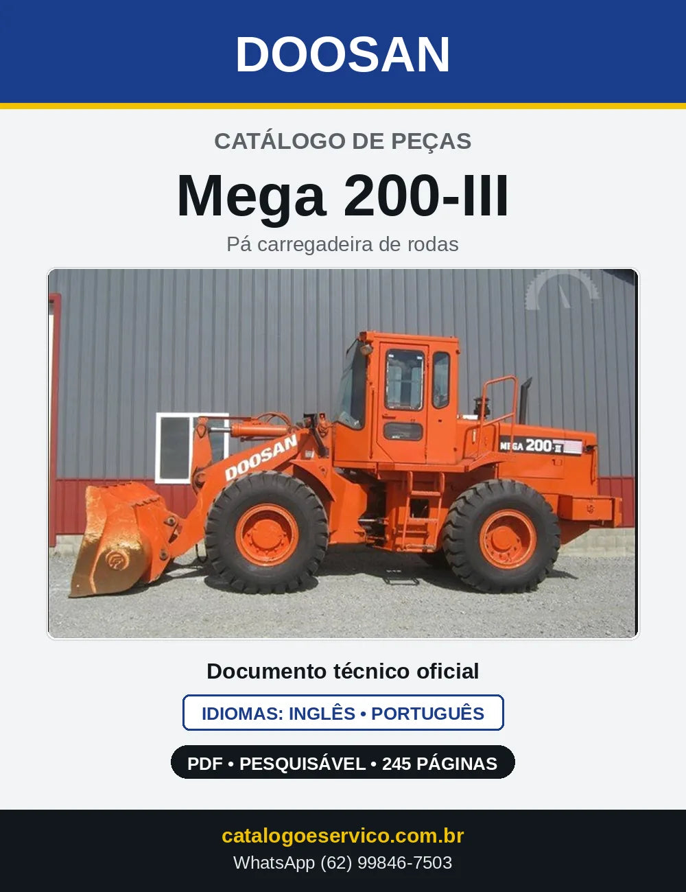 Capa do Catálogo de Peças Doosan Mega 200-III em PDF, inglês e português
