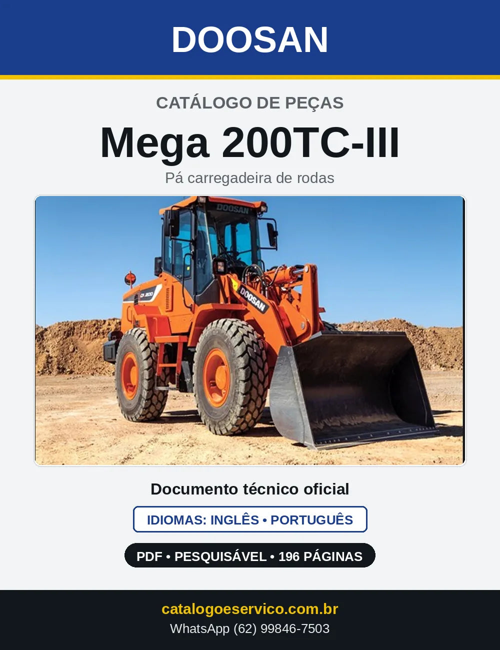 Capa do Catálogo de Peças Doosan Mega 200TC-III em PDF, inglês e português
