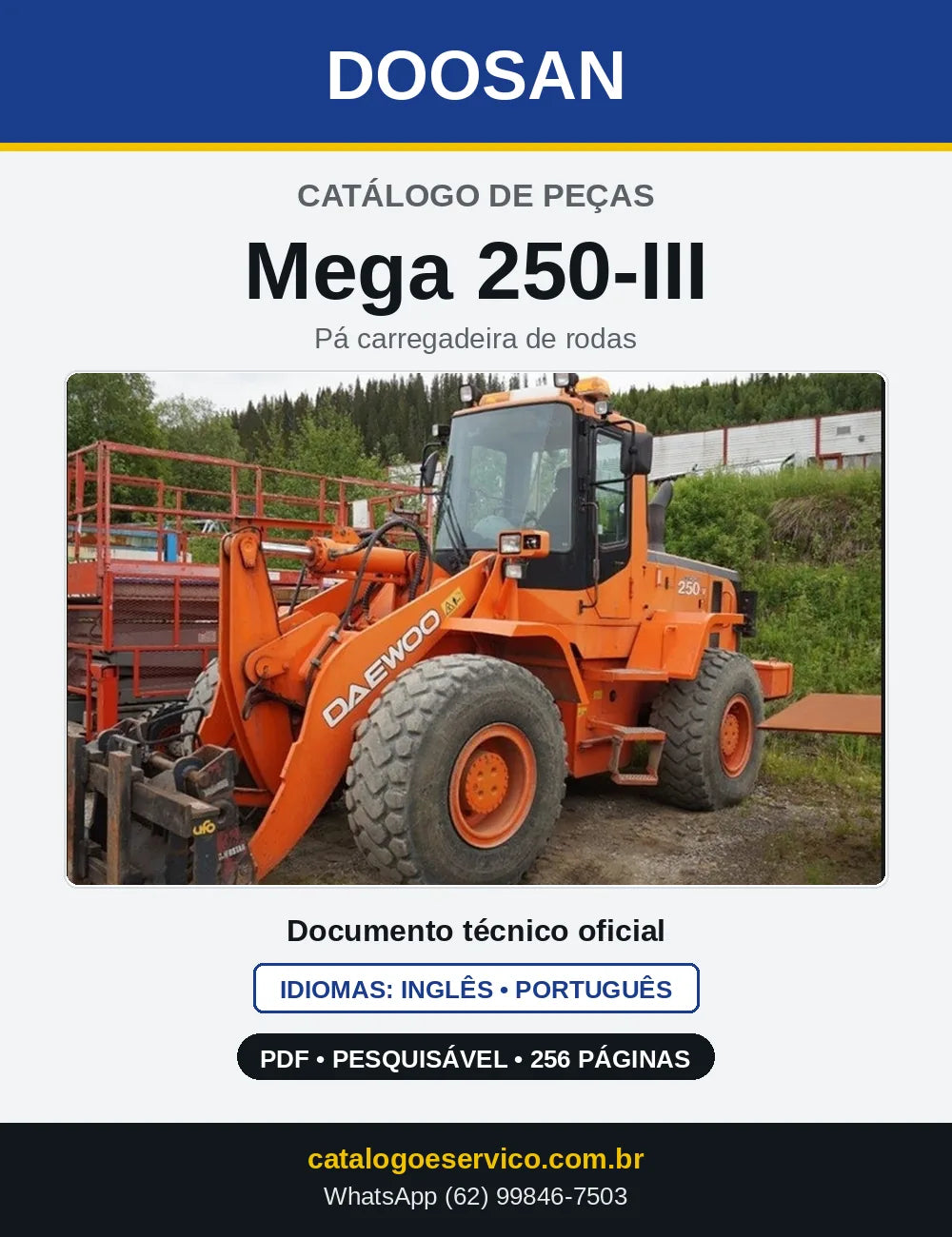 Capa do Catálogo de Peças Doosan Mega 250-III em PDF, inglês e português