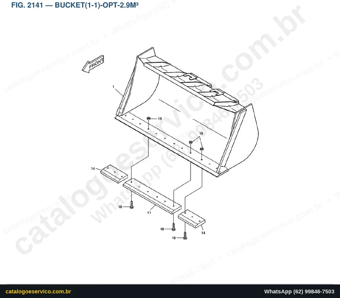 Vista explodida Bucket(1-1)-Opt-2.9M³ - Catálogo de Peças Doosan Mega 300