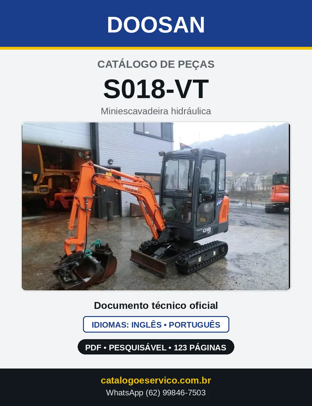 Capa do Catálogo de Peças Doosan S018-VT em PDF, inglês e português