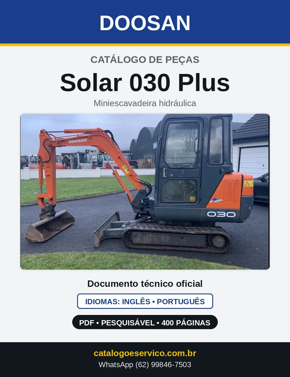 Capa do Catálogo de Peças Doosan Solar 030 Plus em PDF, inglês e português