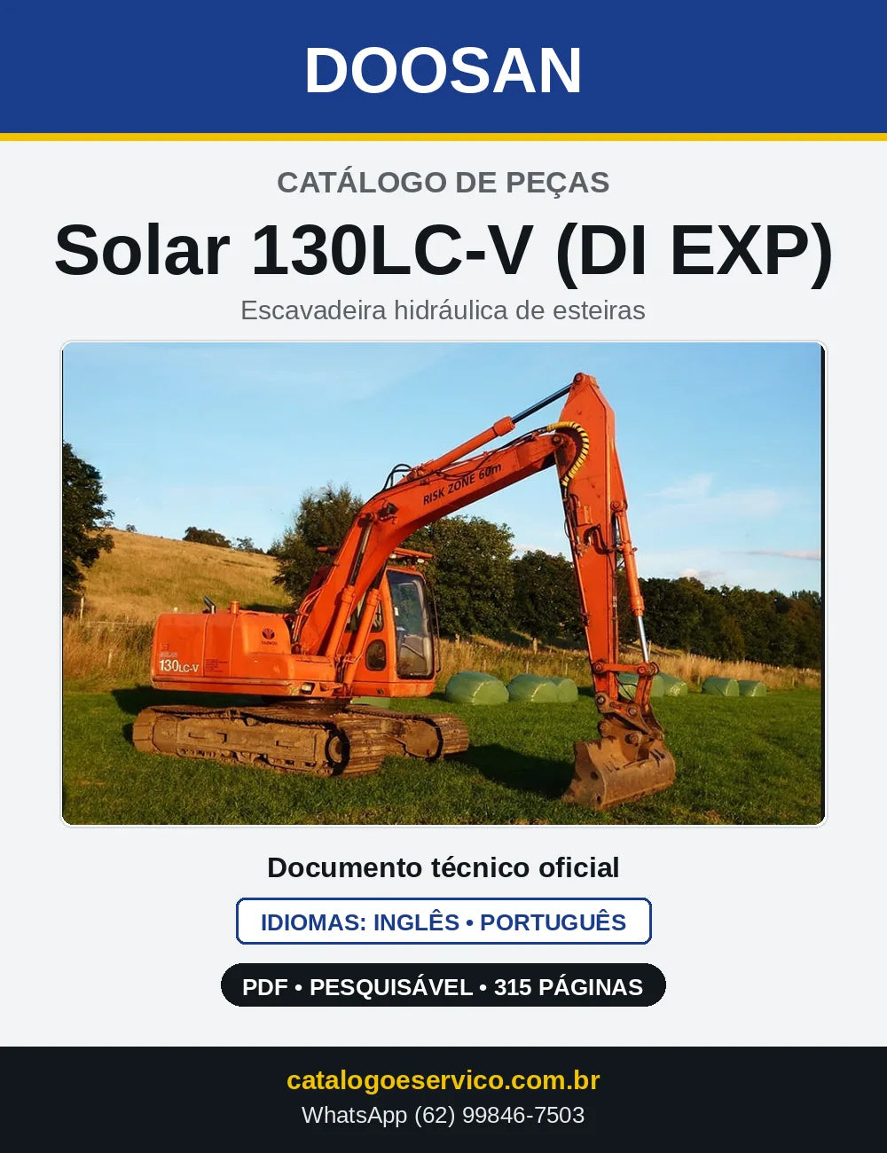 Capa do Catálogo de Peças Doosan Solar 130LC-V (DI EXP) em PDF, inglês e português