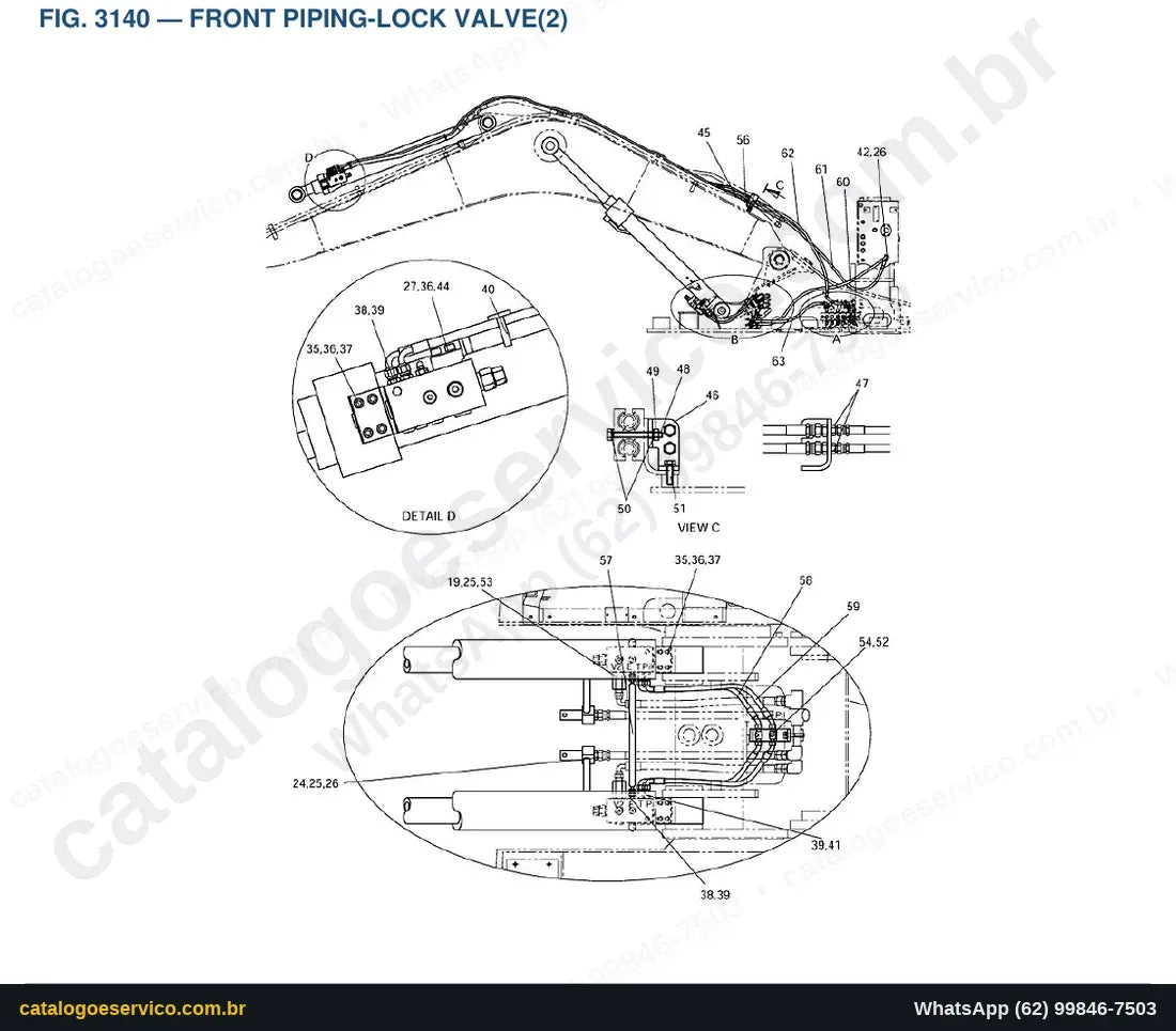 Vista explodida Front Piping-Lock Valve(2) - Catálogo de Peças Doosan Solar 140W-V Rail Way
