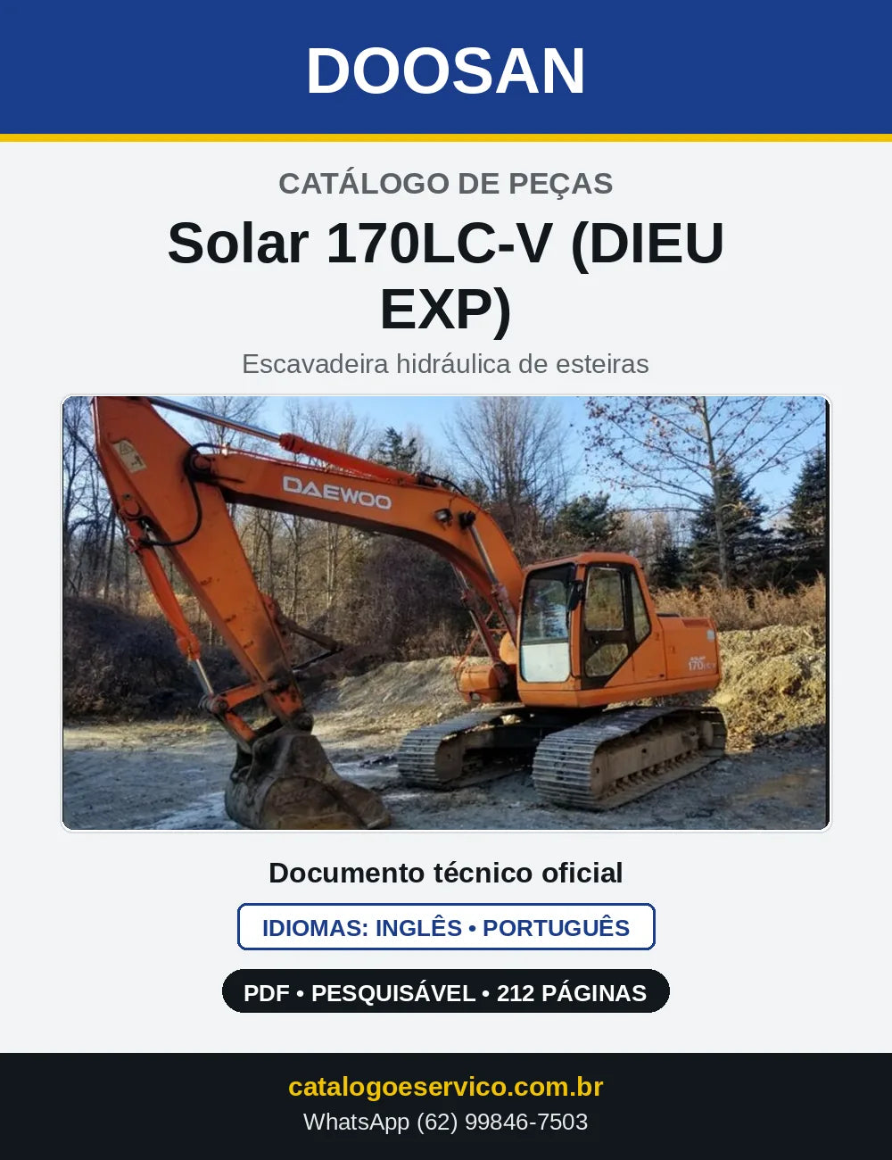 Capa do Catálogo de Peças Doosan Solar 170LC-V (DIEU EXP) em PDF, inglês e português