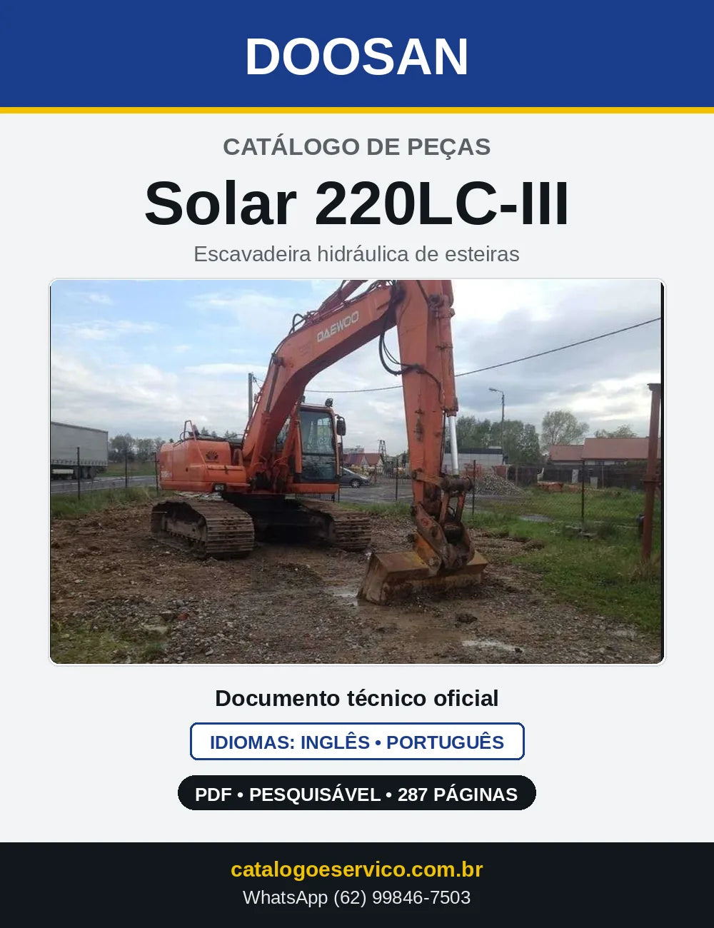 Capa do Catálogo de Peças Doosan Solar 220LC-III em PDF, inglês e português