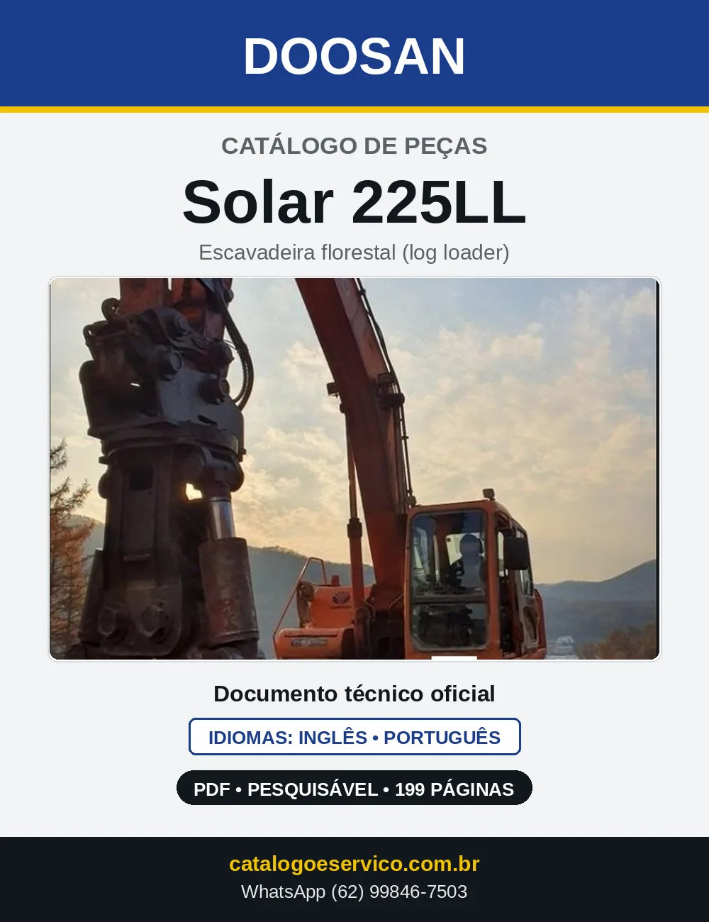 Capa do Catálogo de Peças Doosan Solar 225LL em PDF, inglês e português